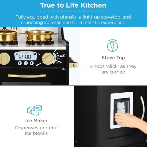 Vista 5 de Best Choice Products - Juego de cocina de madera para niños, juego de cocina con fregadero, horno, microondas, refrigerador, máquina de hielo y Negro