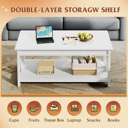 Vista 4 de WLIVE - Mesa de café con estante de almacenamiento, mesa de café granja de 39.4" con soporte en V, mesa de centro rústica de 2 niveles para sala
