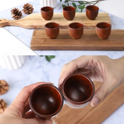 Vista 6 de Vasos de chupito de madera con caja de regalo – Juego de tazas de sake de madera hechas a mano para té, soju, licor y camping – Taza de madera