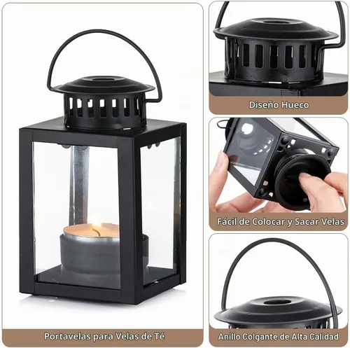 Vista 3 de Pequeño farol negro decorativo para exteriores, juego de 4
