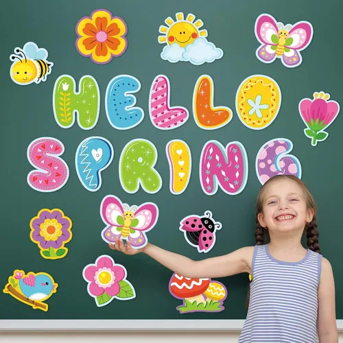 Vista 4 de Hello Spring - Recortes de flores de primavera, decoración de tablón de anuncios con 100 puntos de pegamento para escuela, aula, juegos, suministros