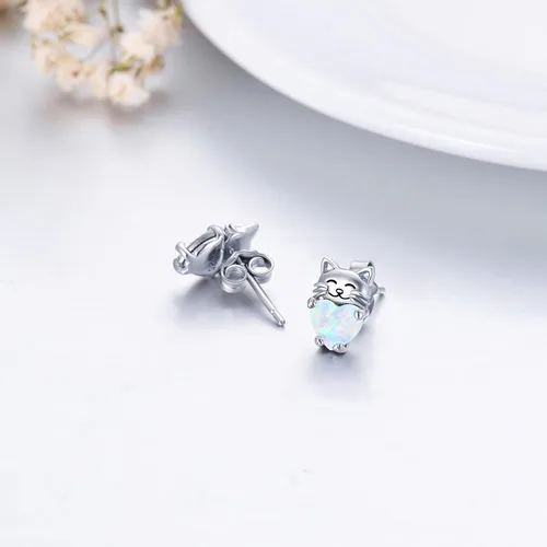 Vista 4 de Aretes de plata de ley 925 con diseño de gato, bonitos aretes de gato con diseño de gatito, joyería de regalo para mujeres y niñas, aretes