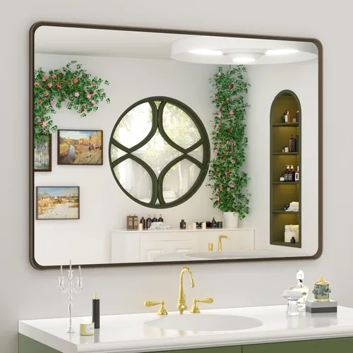 Vista 54 de OKPAL - Espejo de tocador de baño de 20x24 pulgadas con marco de metal cepillado en bronce, espejo de baño con marco de metal cepillado en bronce