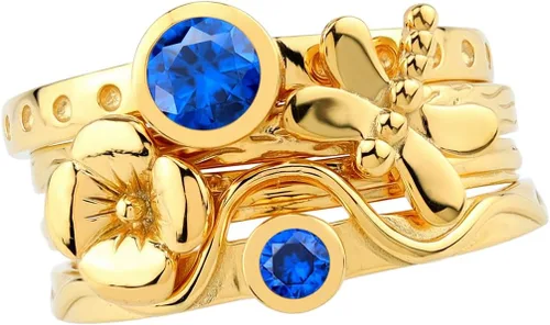 Vista 14 de Silvershake Juego de 4 anillos apilables de plata de ley 925 chapados en oro amarillo con piedras preciosas de forma redonda, con acabado antiguo