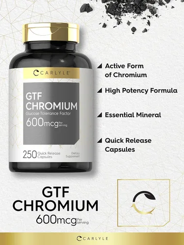 Vista 4 de Carlyle Suplemento de cromo GTF 600 mcg 250 cápsulas Factor de tolerancia a la glucosa Fórmula sin OMG y sin gluten