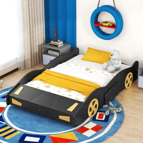 Vista 8 de Merax Cama de plataforma en forma de coche de carreras con ruedas y almacenamiento, marco de cama de madera de tamaño individual negro+amarillo, sin