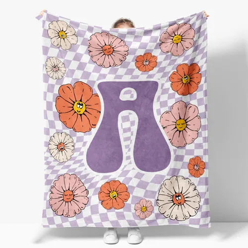 Vista 14 de Manta retro de los años 70 con inicial B floral a cuadros, groovy abstracta estética, manta de franela suave personalizada, regalos con monograma