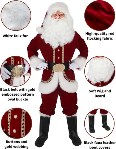 Vista 4 de Opemon Disfraz de Papá Noel para hombre, traje de Santa Claus de lujo, 11 piezas, color rojo, adulto, profesional, Navidad, cosplay, fiesta