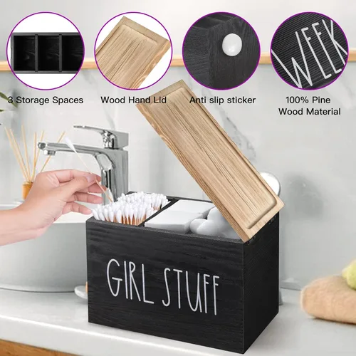 Vista 5 de Soporte para tampones para baño, organizador de almohadilla y tampón con tapa de bandeja, producto femenino de madera, organizador de almacenamiento