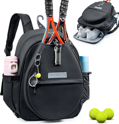Vista 10 de Mochila de Tenis con Soporte para 2 Raquetas, Bolsa de Raqueta de Tenis de Cuero PU Resistente al Agua para Mujeres y Hombres, Mochila Deportiva