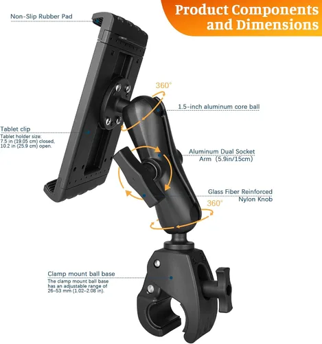 Vista 2 de Soporte de aluminio para tablet iPad, soporte para tableta de cocina para UTV/escritorio/silla/bicicleta de fitness/soporte de micrófono/bicicleta