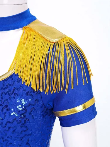Vista 7 de MSemis Disfraz de Majorette de lentejuelas para niñas, con borlas, gorra de línea A, vestido de uniforme de maestro de anillos real