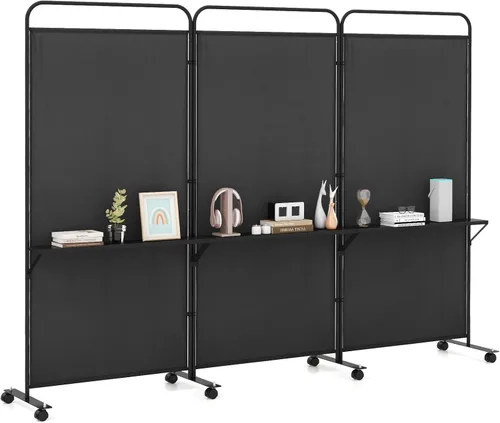 Vista 11 de GOFLAME Divisor de habitación de 3 paneles con estantes de almacenamiento, pantalla de privacidad plegable de 6 pies con ruedas bloqueables, divisor