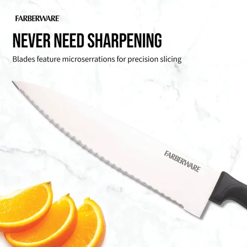 Vista 3 de Farberware Never Needs Sharpening - Juego de bloques de cuchillos de acero inoxidable de alto carbono con asas antideslizantes, 18 piezas