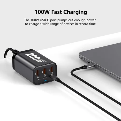 Vista 4 de Bloque de cargador USB C de 200 W, multipuerto, estación de carga rápida, concentrador GaN PPS PD de 100 W, cargador de pared, adaptador