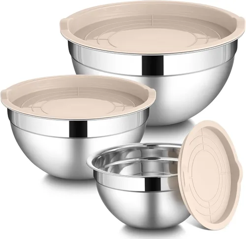 Vista 9 de LIANYU Juego de 3 tazones para mezclar con tapas, tazones de metal de acero inoxidable anidables grandes y pequeños para almacenamiento de cocina