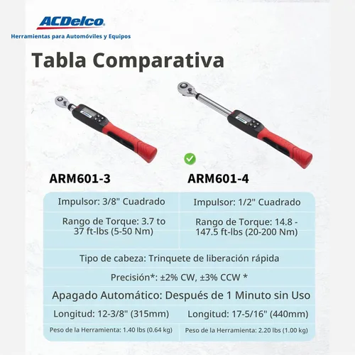 Vista 4 de ACDelco, ARM601-4, llave dinamométrica digital, 1/2 pulgadas (4 a 99 ft-lb)