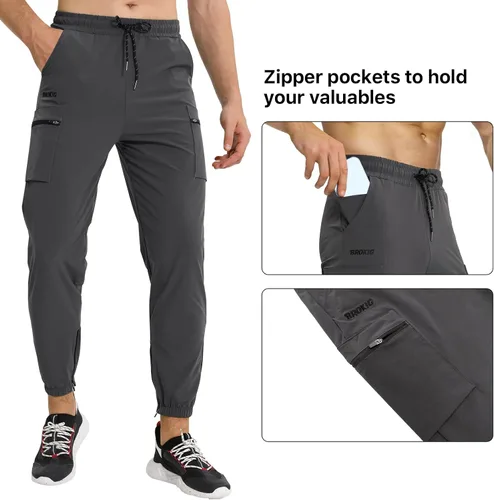 Vista 2 de BROKIG Pantalones deportivos ligeros para hombre, con bolsillos con cremallera, ajustados, atléticos, senderismo, gimnasio, atletismo, pantalones