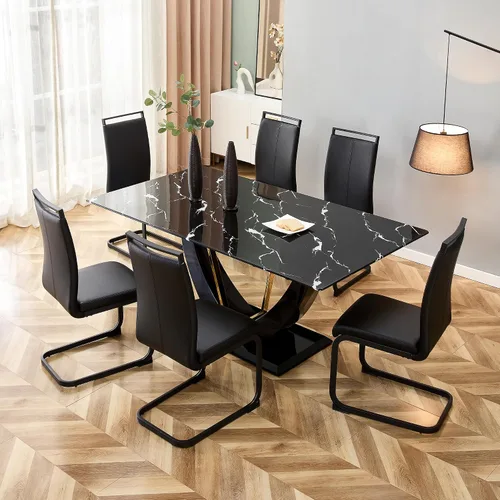 Vista 8 de Juego de mesa de comedor de 71 pulgadas para 8, juego de mesa de comedor de mármol sintético negro para 8, juego de mesa de cocina rectangular