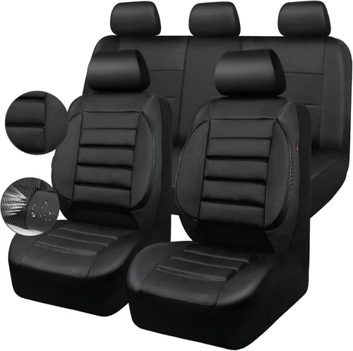 Vista 10 de CAR PASS Juego completo de fundas de asiento de automóvil de cuero con soporte lumbar de espuma 3D, fundas de asiento automotrices de malla de aire