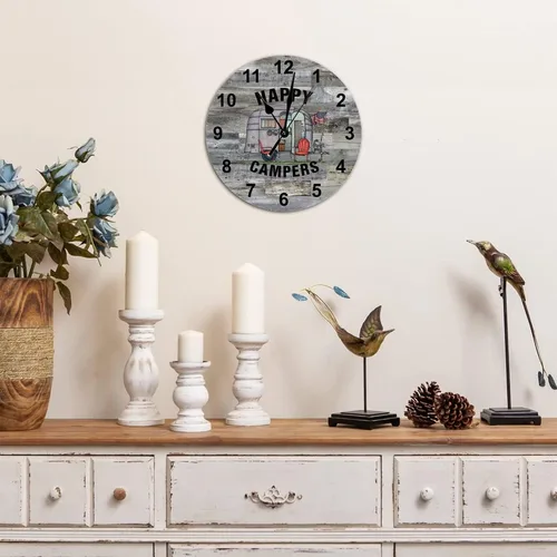 Vista 3 de Reloj de pared redondo de madera de estilo elegante, con temática de campamento, con números arábigos, funciona con pilas, silencioso, sin tictac