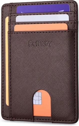 Vista 47 de Buffway - Carteras de cuero delgadas minimalistas con bolsillo frontal y bloqueo RFID para hombres y mujeres, negro (Alaska Black), Minimalista
