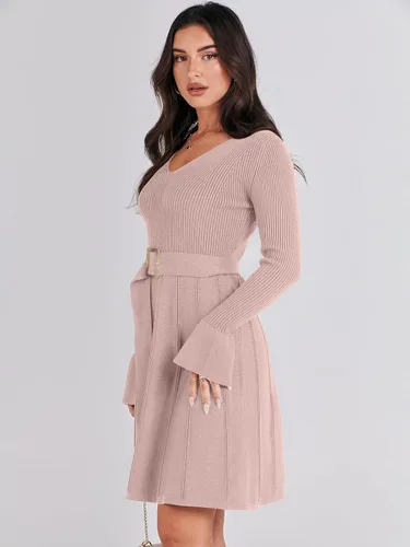 Vista 8 de ANRABESS Vestido tipo suéter de manga larga con cuello en V y lazo en la cintura, plisado, acampanado, elegante, de punto acanalado, vestido midi
