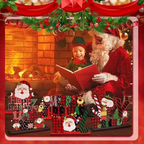 Vista 5 de Hoolerry 6 piezas de decoración de mesa de Navidad, muñeco de nieve de madera, Papá Noel, centro de mesa de Navidad, reno, noel, alegría, creer