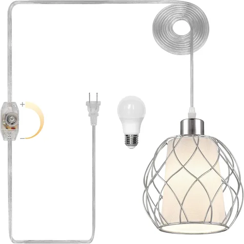 Vista 8 de Lámpara colgante enchufable, luces colgantes con cable de algodón dorado de 15 pies e interruptor de atenuación continuo, pantalla de cuerda