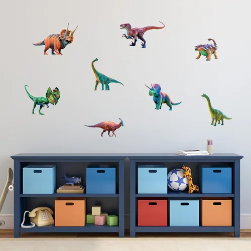 Vista 2 de Decalcomania - Calcomanías de pared de dinosaurio por P.D. Moreno, juego de 8 calcomanías para pared, calcomanías para decoración de dormitorio Dino