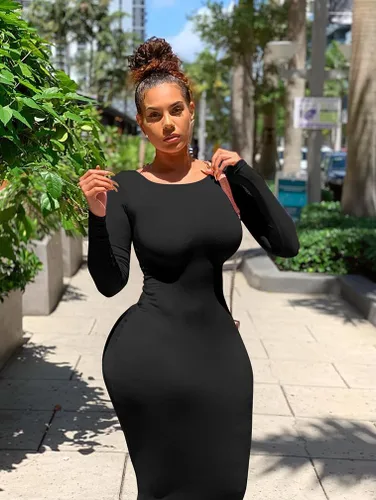 Vista 2 de Vestido sexi ceñido al cuerpo para mujer, vestido por debajo de la rodilla tipo lápiz, de manga larga y cuello redondo, para trabajo y oficina