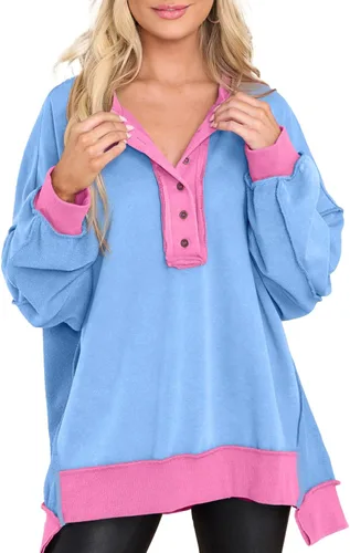 Vista 76 de AlvaQ - Sudadera de gran tamaño para mujer, informal, de manga larga, con botones y cuello Henley, tipo túnica