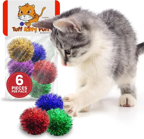 Vista 13 de Tuff Kitty Puff Juguete para gatos con mini bola brillante de 1 pulgada, paquete de 6 unidades, multicolor