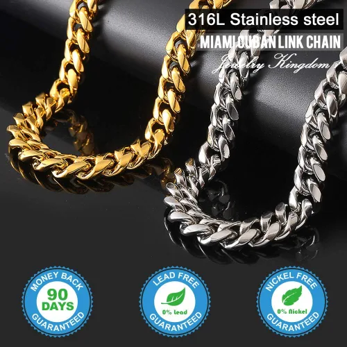 Vista 2 de Jewelry Kingdom 1 Collar o pulsera de cadena de eslabones cubanos de oro para hombre, 0.591 in, acero inoxidable de 18 quilates, gruesas y gruesas