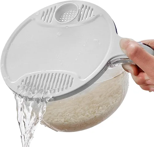 Vista 7 de Cesta multifuncional para fregadero, colador de arroz, cuenco, filtro de lavado, colador de plástico, lavadora automática de arroz, colador de Beige