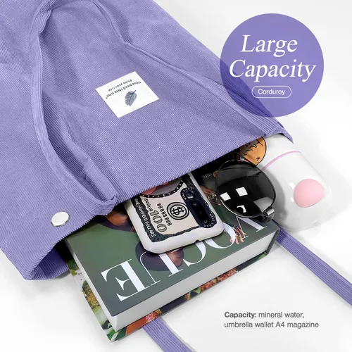 Vista 3 de Bolsas de pana para mujeres y niñas, bolsa de pana de gran capacidad, reutilizable, con bolsillos interiores