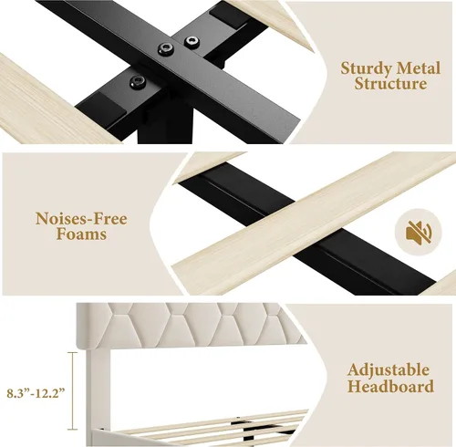 Vista 6 de GarveeHome Marco de Cama de Plataforma Tamaño Twin con Cabecera Tapizada y Soporte de Listones de Madera, Base de Colchón Tapizada/No Necesita Beige