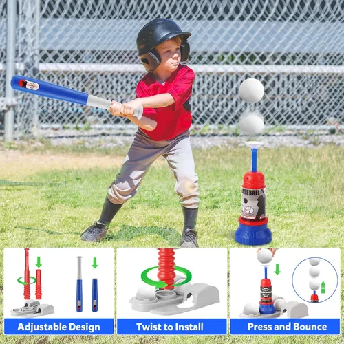 Vista 2 de KIZJORYA Juego de pelota en T, juego de pelota para niños de 3 a 5 años con 6 pelotas de béisbol grandes y máquina de lanzamiento automática y bate