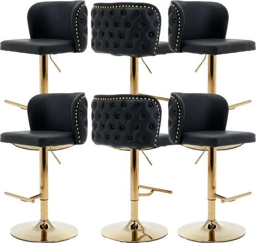 Vista 10 de Taburetes de bar tapizados de poliuretano con base dorada, taburetes de bar ajustables de 25-33 pulgadas, taburetes de mostrador con respaldo Beige