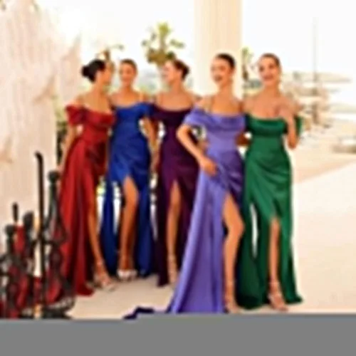 Vista 2 de Vestidos de graduación de satén con hombros descubiertos vestido de novia de sirena con lentejuelas tirantes y abertura alta vestido de novia