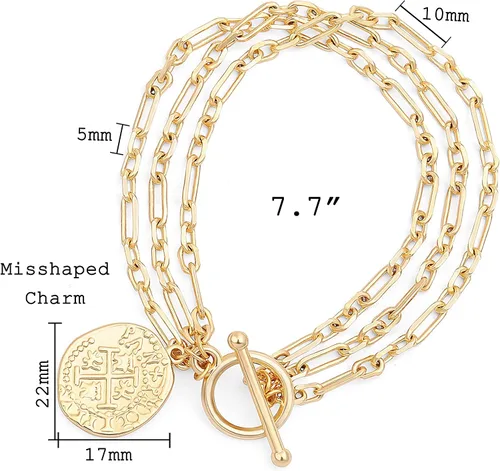 Vista 3 de PEARLADA 18k Gold Chain Layerd Bracelet Coin Charm Toggle Bracelet Trendy Cubic Zirconia Jewelry