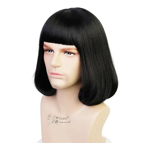 Vista 5 de Peluca unisex negra con flequillo plano, peluca de cabello negro corto y Negro Bob-Short