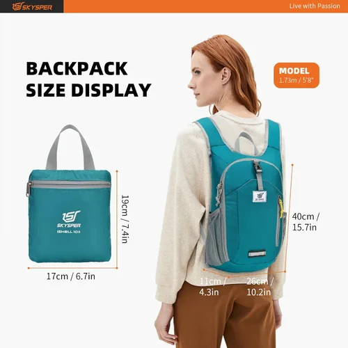 Vista 6 de SKYSPER Mochila de senderismo de 10 litros, pequeña mochila de senderismo plegable y ligera, paquete de día de viaje para mujeres y hombres (cian)