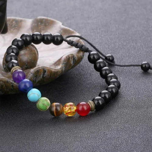 Vista 5 de Brazalete GelConnie de piedras de lava, 7 chakras, 0.32 pulgadas, piedra natural, para curación, alivio del estrés, yoga, ansiedad, aromaterapia