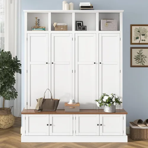 Vista 14 de JIVOIT Farmhouse Wood Hall Tree with Coat Hooks, Cabinets, 4 Drawers, Hooks (Ancient White/ 091)