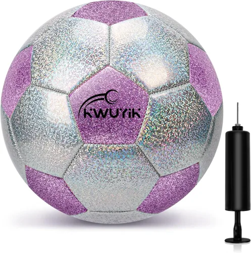 Vista 14 de Balón de fútbol de tamaño 3, 4, 5, con purpurina, rosa, morado, negro y plateado con inflador, pelota de fútbol para niños pequeños de 3 a 6 años, 6