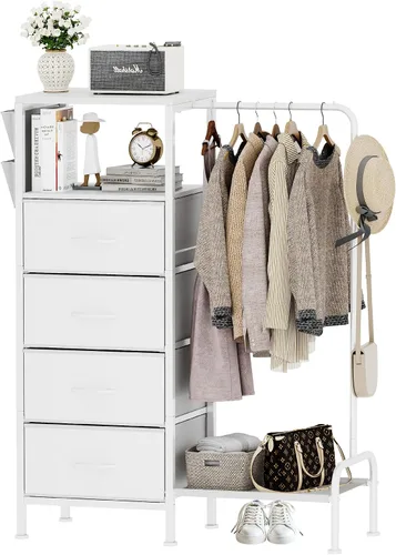 Vista 10 de Homeiju Cómoda con estante para colgar, cómoda reversible para dormitorio con 4 cajones y perchero y bolsillos laterales, cómoda con perchero, Negro
