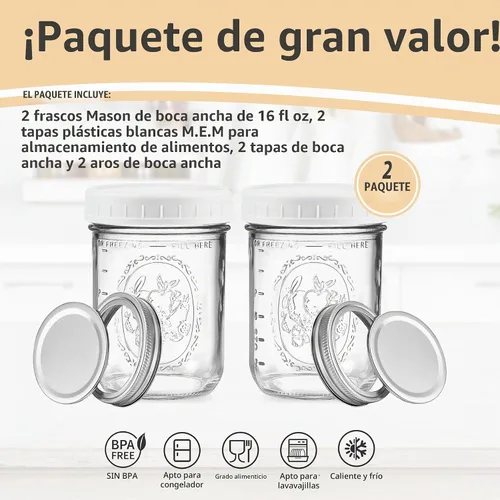 Vista 4 de Tarros Mason de boca ancha de 16 onzas – (paquete de 2) – Tarros de boca ancha de 16 onzas con tapas de plástico blancas M.E.M para almacenamiento
