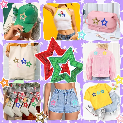 Vista 6 de Parches para planchar con estrellas abiertas para sombreros: funcolor 36 piezas de parches de estrellas de lentejuelas multicolor para bolsas