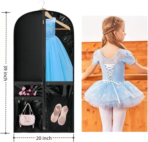 Vista 2 de Bolsa de ropa transparente para disfraz de baile, bolsa de ropa de 39 pulgadas para competiciones de baile, funda de ropa colgante para niños
